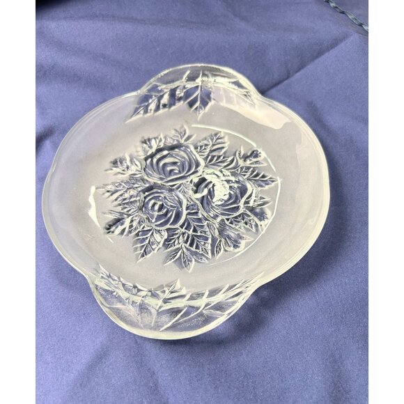 Vintage KIG Crystal Frosted Rose Embossed Glass 8.5” Serving Plate Floral Design - Picture 1 of 7